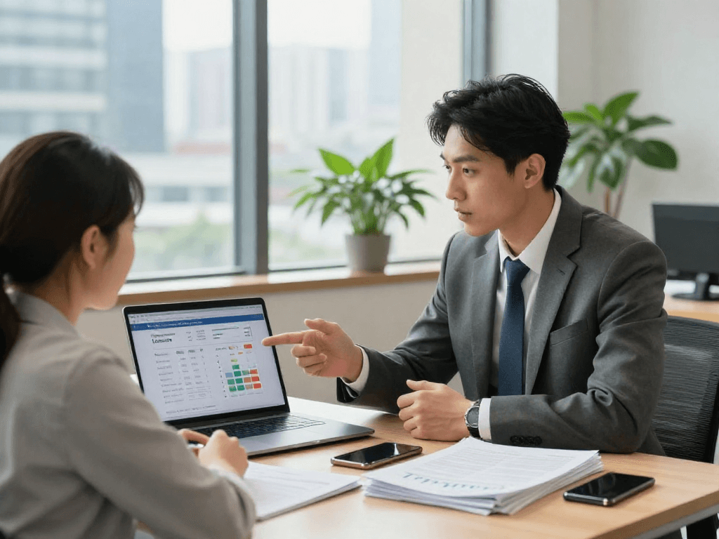 Consultant using a merchant cash advance calculator with a business owner in a modern office.