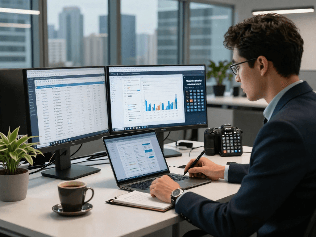 Consultant using a merchant cash advance calculator in a modern office to analyze funding options for SMEs