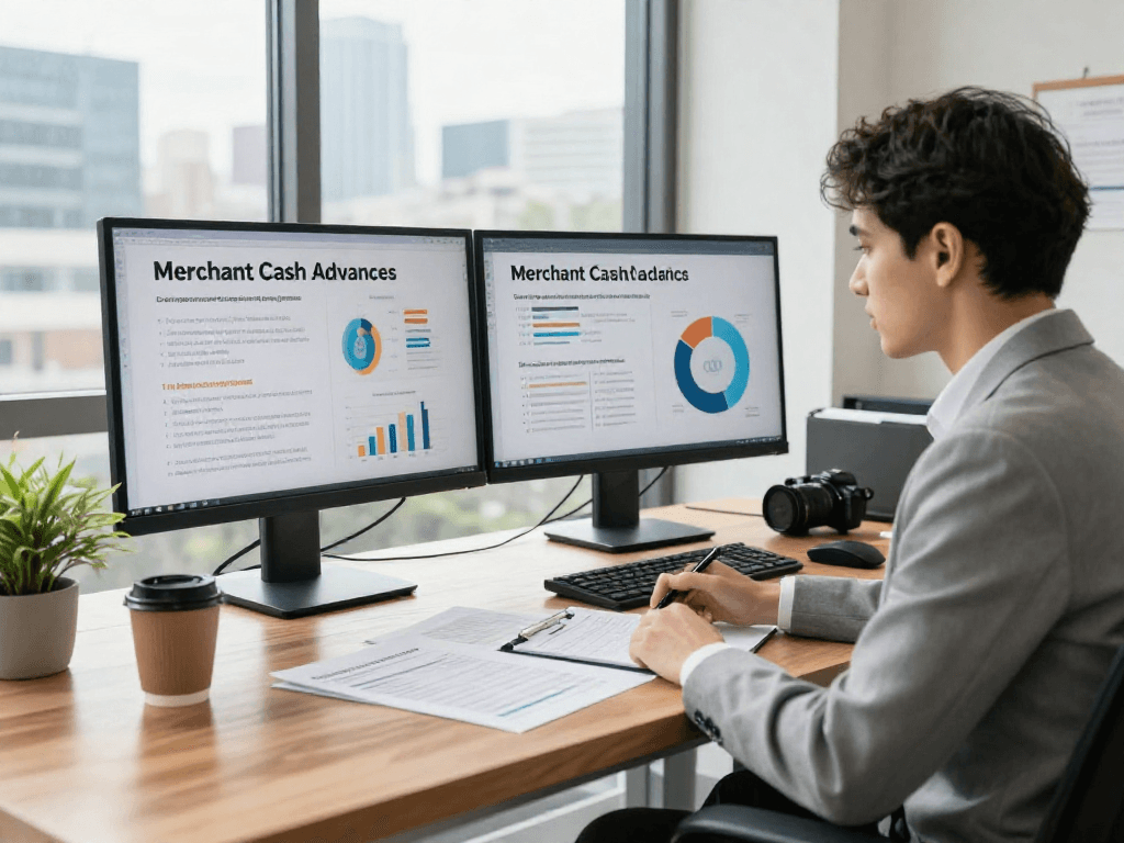 Consultant discussing merchant cash advance UK options with clients in a modern office.